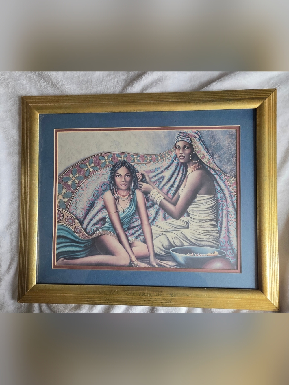 Framed African Art Print Mother & Daughter Braiding Hair Gold Frame Wall Decor